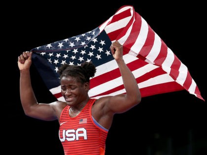 CHIBA, JAPAN - AUGUST 03: Tamyra Mariama Mensah-Stock of Team United States celebrates defeating Blessing Oborududu of Team Nigeria during the Women's Freestyle 68kg Gold Medal Match on day eleven of the Tokyo 2020 Olympic Games at Makuhari Messe Hall on August 03, 2021 in Chiba, Japan. (Photo by Tom …