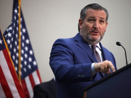 WASHINGTON, DC - MAY 12: Sen. Ted Cruz (R-TX) gestures as he speaks during a news conference on the U.S. Southern Border and President Joe Biden’s immigration policies, in the Hart Senate Office Building on May 12, 2021 in Washington, DC. Homeland Security Secretary Alejandro Mayorkas will testify on May …