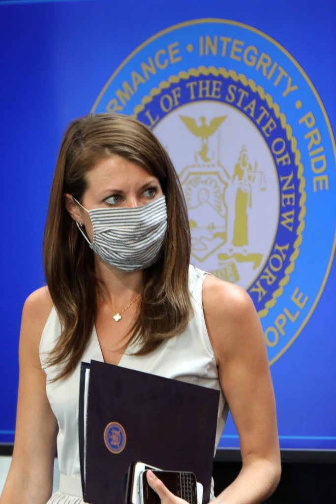 Melissa DeRosa, Secretary to New York Governor Andrew Cuomo, prepares to leave after the governor's daily briefing May 29, 2020 at Iona College in New Rochelle. (Tania Savayan/The Journal News via Imagn Content Services, LLC)