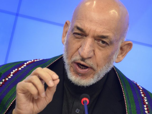 Former Afghan President Hamid Karzai speaks during a press conference in Moscow on June 25, 2015. AFP PHOTO / ALEXANDER NEMENOV (Photo credit should read ALEXANDER NEMENOV/AFP via Getty Images)