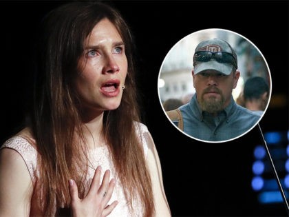 (INSET: Matt Damon in the film Stillwater) In this June 15, 2019 file photo, Amanda Knox gets emotional as she speaks at a Criminal Justice Festival at the University of Modena, Italy. Knox is speaking out about her name being associated with the new film “Stillwater,” Friday, July 30, 2021, …