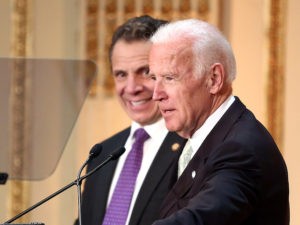 NEW YORK, NY - MARCH 16: Governor of New York State Andrew Cuomo (L) and 47th Vice President of the United States Joe Biden speak on stage at the HELP USA 30th Anniversary Event at The Plaza Hotel on March 16, 2017 in New York City. (Photo by Monica Schipper/Getty Images)