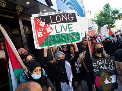 A woman holds a sign reading "Long Live Palestine" as people demonstrate in support of Pal