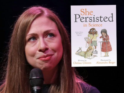 (INSET: Book cover to "She Persisted In Science") Chelsea Clinton discusses The Book of Gutsy Women with British historian Mary Beard (not pictured) at Southbank Centres Royal Festival Hall in London on November 10, 2019. - At the event they celebrate the women who have inspired them throughout their lives, …