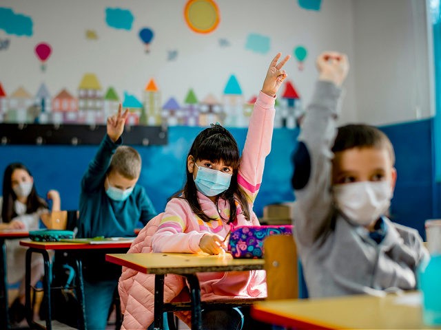 Elementary schoolchildren wearing a protective face masks in the classroom. Education during epidemic. - stock photo