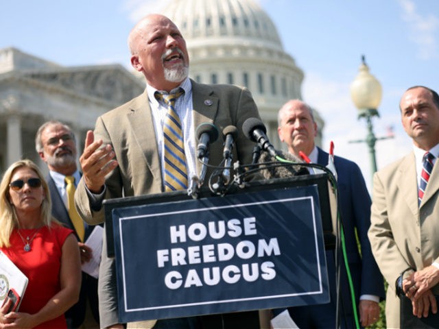 WASHINGTON, DC - AUGUST 23: U.S. Rep. Chip Roy (R-TX) speaks during a news conference on the infrastructure bill with fellow members of the House Freedom Caucus, outside the Capitol Building on August 23, 2021 in Washington, DC. The group criticized the bill for being too expensive and for supporting …