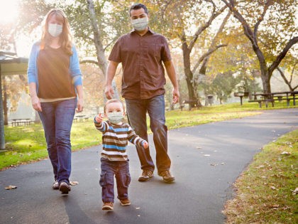 Family Walking In The Park Wearing Medical Face Mask