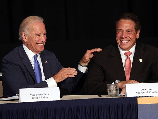 NEW YORK, NY - JULY 27: Vice President Joe Biden (L) appears with New York Gov. Andrew Cuomo to unveil plans for new area infrastructure projects on July 27, 2015 in New York City. The highlight of the event was an announcement that a new LaGuardia airport will be built, …