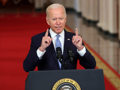 WASHINGTON, DC - AUGUST 31: U.S. President Joe Biden delivers remarks on the end of the war in Afghanistan in the State Dining Room at the White House on August 31, 2021 in Washington, DC. The last American military aircraft took off from Hamid Karzai Airport a few minutes before …