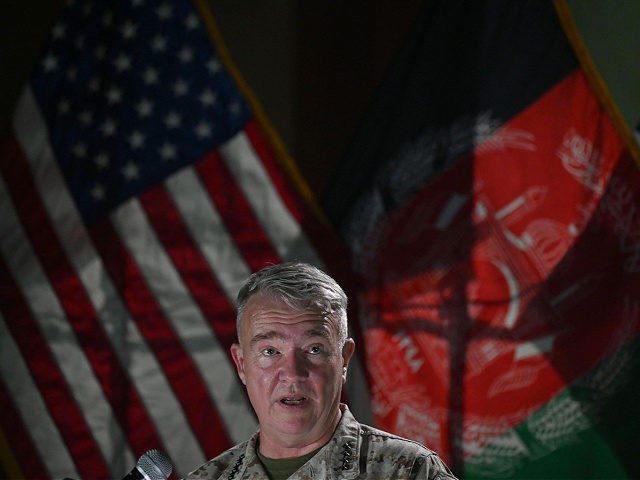 Head of the US Central Command, General Kenneth McKenzie, speaks during a press conference at the former Resolute Support headquarters in the US embassy compound in Kabul on July 25, 2021. (Photo by SAJJAD HUSSAIN / AFP) (Photo by SAJJAD HUSSAIN/AFP via Getty Images)