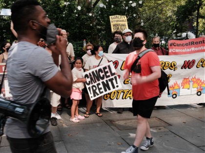 NEW YORK, NEW YORK - AUGUST 11: Activists hold a protest against evictions near City Hall on August 11, 2021 in New York City. New York state’s current eviction moratorium is set to expire on August 31. The Emergency Rental Assistance Program, which was created in the state budget and …