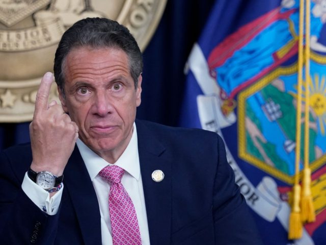 New York Governor Andrew Cuomo speaks during a news conference, on May 10, 2021 in New York. - New Yorkers will receive free train rides if they get vaccinated against Covid-19 in subway stations, Governor Andrew Cuomo announced Monday as part of a move to speed up immunizations. (Photo by …