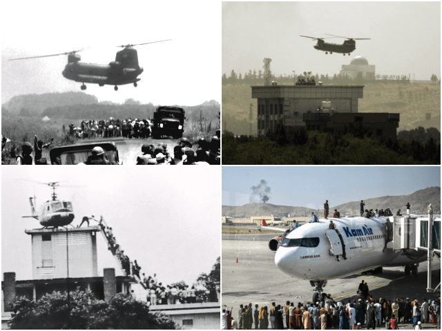 A South Vietnamese air force Chinook helicopter lifts refugees from embattled Xuan Loc are