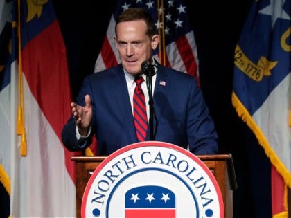 N.C. Rep. Ted Budd, candidate for the 2022 North Carolina U.S. Senate seat, speaks at the North Carolina Republican Convention Saturday, June 5, 2021, in Greenville, N.C. Former President Donald Trump announced his endorsement for Budd during his speech to the convention.(AP Photo/Chris Seward)