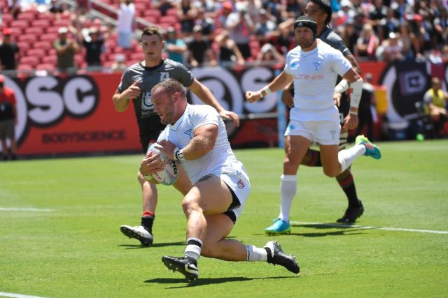 John Ryberg of the Los Angeles Giltinis slides in for a try against Rugby Atlanta in Sunda