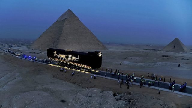 Khufu's solar boat on its journey to the new Grand Egyptian Museum