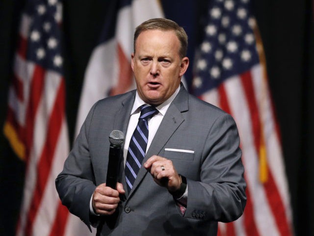FILE - In this Nov. 8, 2017, file photo, former White House press secretary Sean Spicer speaks during the Republican Party of Iowa's annual Reagan Dinner in Des Moines, Iowa. Spicer is wading into the Massachusetts U.S. Senate race. He will be the featured speaker at a fundraiser for Republican …