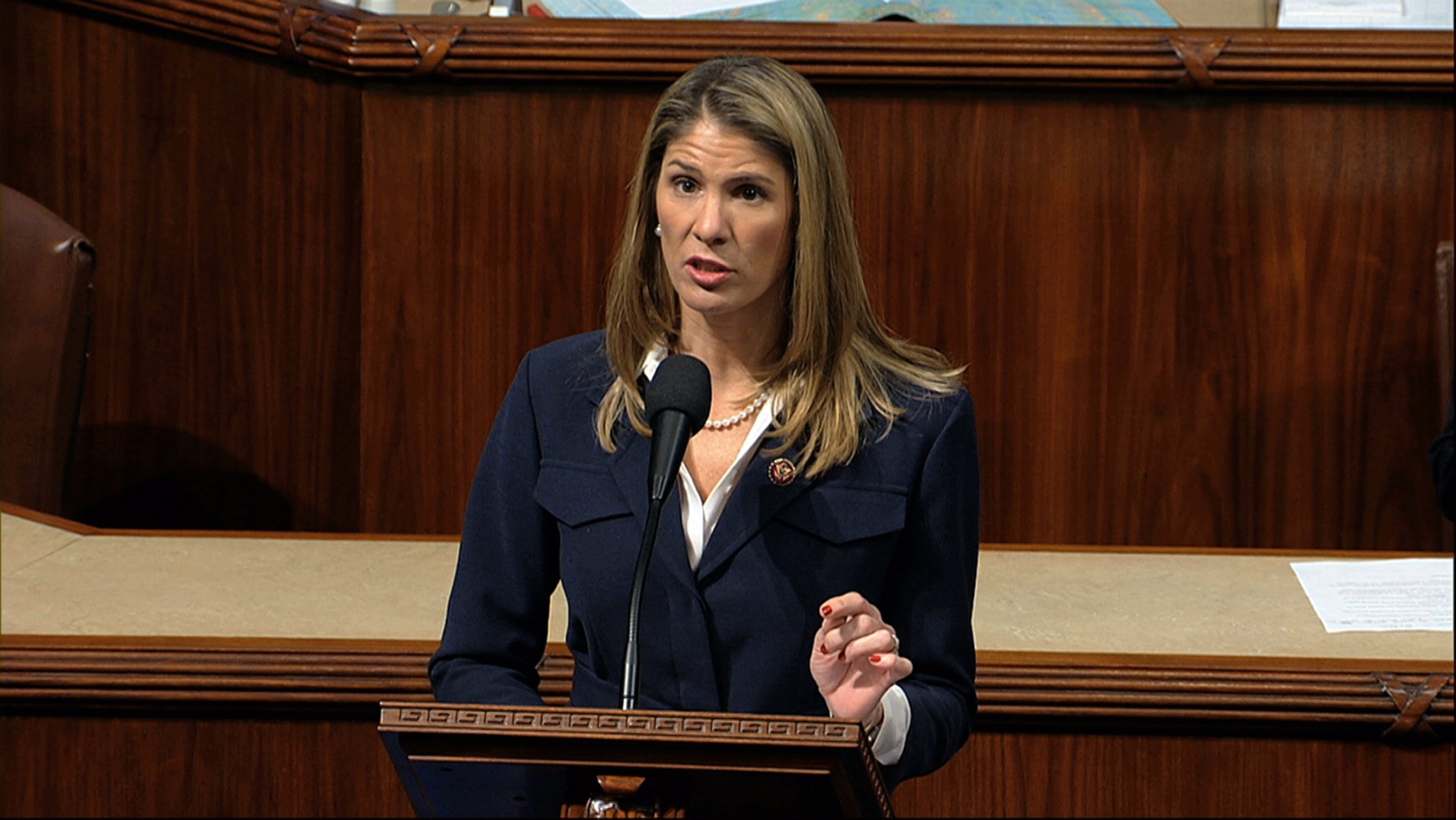 Rep. Lori Trahan, D-Mass., speaks as the House of Representatives debates the articles of impeachment against President Donald Trump at the Capitol in Washington, Wednesday, Dec. 18, 2019. (House Television via AP)