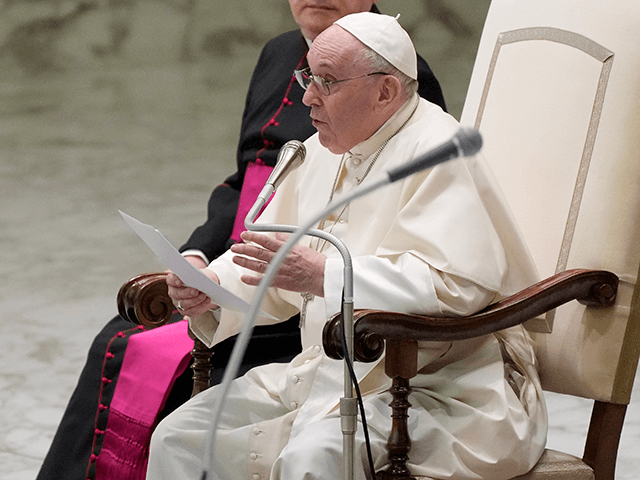 Pope Francis delivers his message during his weekly general audience at the Vatican, Wednesday, Aug. 18, 2021. (AP Photo/Gregorio Borgia)