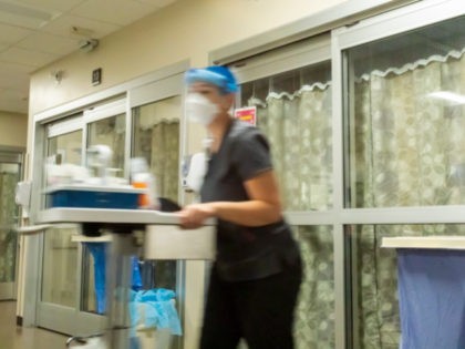 In this Thursday, Aug. 19, 2021, photo, a member of the Emergency Department staff moves toward a patient's room in the Critical Care Unit at Asante Three Rivers Medical Center in Grants Pass, Ore. The ED staff has seen a higher patient load than any time in the past year, …