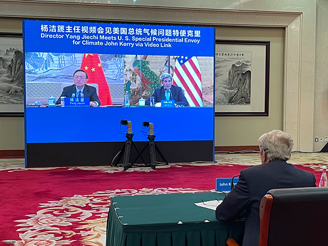 In this photo provided by the U.S. Department of State, U.S. Special Presidential Envoy for Climate John Kerry attends a meeting with Yang Jiechi, Director of China's Office of the Central Commission for Foreign Affairs via video link in Tianjin, China, Thursday, Sept. 2, 2021. (U.S. Department of State via AP)