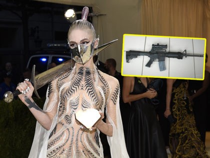 (INSET: A Colt AR-15A3 rifle) Grimes attends The Metropolitan Museum of Art's Costume Institute benefit gala celebrating the opening of the "In America: A Lexicon of Fashion" exhibition on Monday, Sept. 13, 2021, in New York. (Photo by Evan Agostini/Invision/AP)