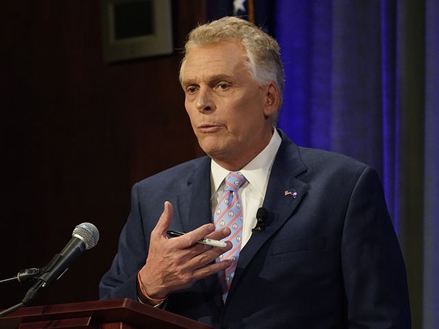 Democratic gubernatorial candidate and former governor Terry McAuliffe, gestures during a debate at the Appalachian School of Law in Grundy, Va., Thursday, Sept. 16, 2021. (AP Photo/Steve Helber)