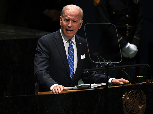 US President Joe Biden addresses the 76th Session of the UN General Assembly on September 21, 2021 in New York. (Photo by TIMOTHY A. CLARY / POOL / AFP) (Photo by TIMOTHY A. CLARY/POOL/AFP via Getty Images)