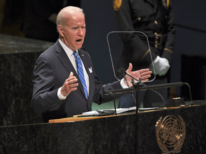 President Joe Biden speaks during the 76th Session of the U.N. General Assembly at United Nations Headquarters in New York on Tuesday, Sept. 21, 2021. (Timothy A. Clary/Pool Photo via AP)