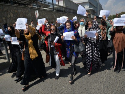 TOPSHOT - Afghan women take part in a protest march for their rights under the Taliban rule in the downtown area of Kabul on September 3, 2021. (Photo by HOSHANG HASHIMI / AFP) (Photo by HOSHANG HASHIMI/AFP via Getty Images)