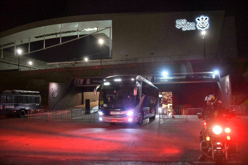 Argentina's football team bus leaves the Neo Quimica Arena, also known as Corinthians Arena, after the suspension of their South American qualification football match for the FIFA World Cup Qatar 2022 against Brazil, in Sao Paulo, Brazil, on September 5, 2021. - Brazil's World Cup qualifying clash between Brazil and Argentina was halted shortly after kick-off on Sunday as controversy over Covid-19 protocols erupted. (Photo by NELSON ALMEIDA / AFP) (Photo by NELSON ALMEIDA/AFP via Getty Images)