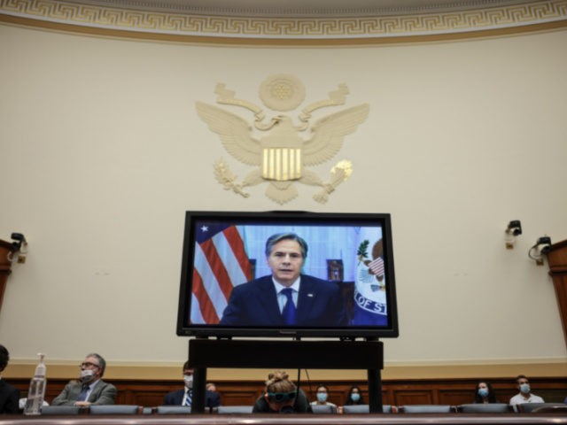 WASHINGTON, DC - SEPTEMBER 13: U.S. Secretary of State Antony Blinken testifies virtually in a House Foreign Affairs Committee on Capitol Hill on September 13, 2021 in Washington, DC. The committee questioned Blinken about the steps President Joe Biden's administration took during the withdrawal of troops in Afghanistan. (Photo by …