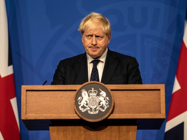 LONDON, ENGLAND - SEPTEMBER 14: Britain's Prime Minister Boris Johnson attends a press conference in the Downing Street Briefing Room on September 14, 2021 in London, England. The prime minister's briefing was preceded by his health secretary's appearance before the House of Commons, in which he laid out the country's …
