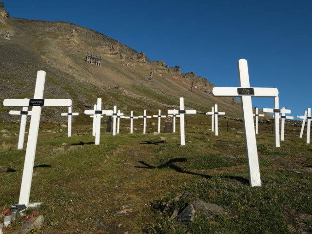 LONGYEARBYEN, NORWAY - JULY 30: Crosses at the Longyearbyen cemetery, which includes victi