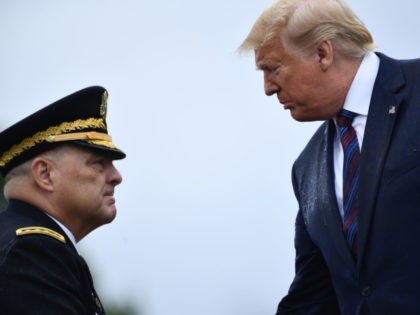 US Army Chief of Staff Gen. Mark Milley(L) speaks with US President Donald Trump during the Armed Forces Welcome Ceremony in honor of the Twentieth Chairman of the Joint Chiefs of Staff on September 30, 2019 at Summerall Field, Joint Base Myer-Henderson Hall, Virginia. (Photo by Brendan Smialowski / AFP) …