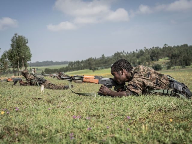 Ethiopian National Defence Forces (ENDF) soldiers train in the field of Dabat, 70 kilomete