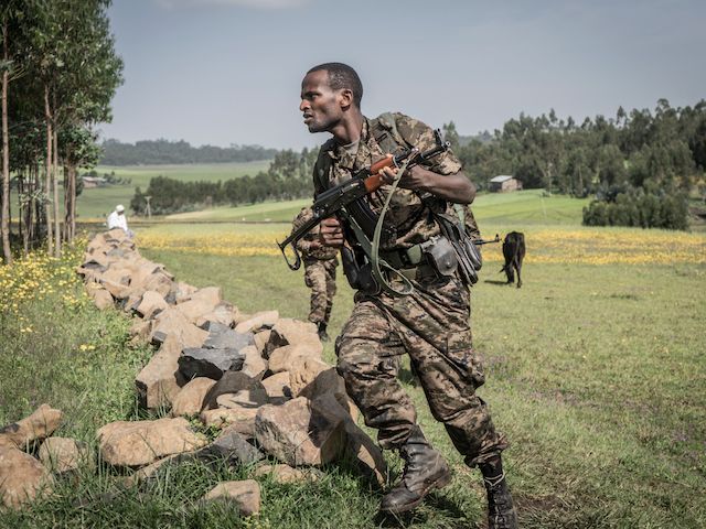 Ethiopian National Defence Forces (ENDF) soldiers trains in the field of Dabat, 70 kilometers Northeast of the city of Gondar, Ethiopia, on September 15, 2021. (Amanuel Sileshi/AFP via Getty Images)
