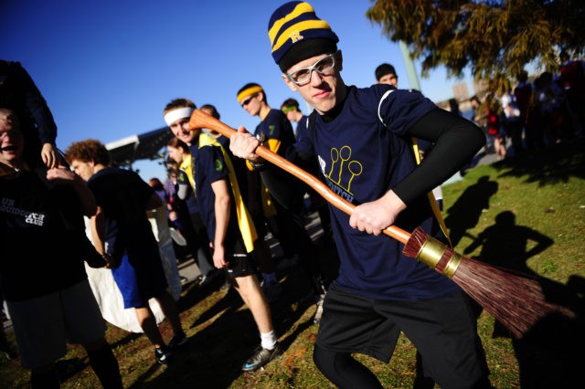 Competitors take part in a match of Quidditch, Harry Potter's magical and fictional game, during the 4th Quidditch World Cup in New York on November 13, 2010. Quidditch, the brainchild of Harry Potter author J.K. Rowling, has taken flight in some 400 colleges and 300 high schools in North America, …