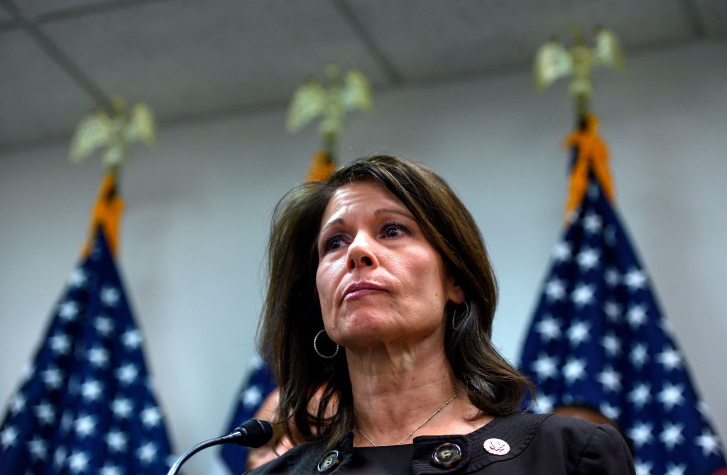 Congresswoman Cheri Bustos (D-IL) (C) speaks during a press conference with other Mayor's and House of Representative members calling on US President Donald Trump and Congress to end the shutdown in Washington, DC on January 24, 2019. (Photo by ANDREW CABALLERO-REYNOLDS / AFP) (Photo credit should read ANDREW CABALLERO-REYNOLDS/AFP via Getty Images)