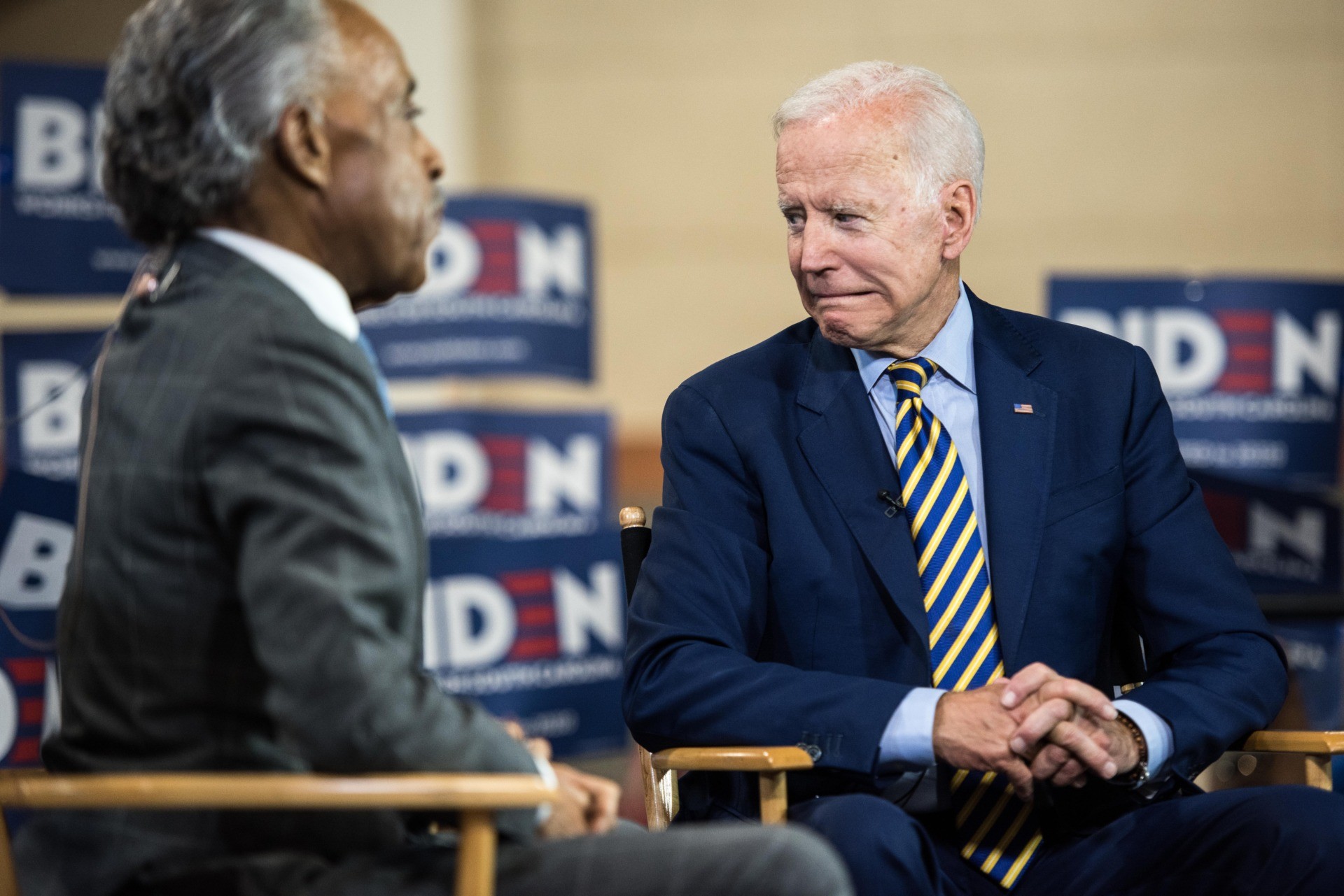 COLUMBIA, SC - JUNE 22: Democratic presidential candidate, former Vice President Joe Biden looks to his supporters after a television interview with Al Sharpton during the 2019 South Carolina Democratic Party State Convention on June 22, 2019 in Columbia, South Carolina. Democratic presidential hopefuls are converging on South Carolina this weekend for a host of events where the candidates can directly address an important voting bloc in the Democratic primary. (Photo by Sean Rayford/Getty Images)
