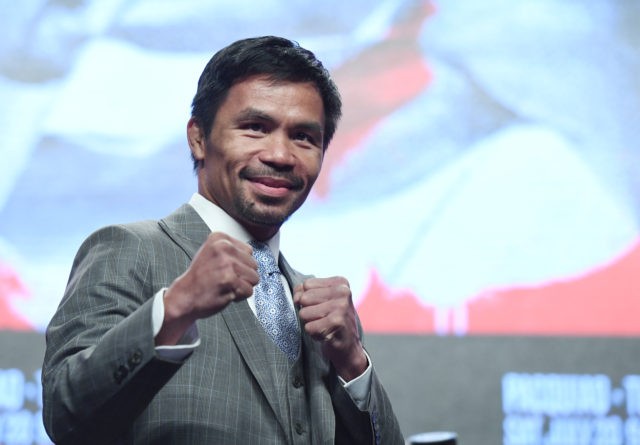 LAS VEGAS, NEVADA - JULY 17: WBA welterweight champion Manny Pacquiao poses during a news conference at MGM Grand Garden Arena on July 17, 2019 in Las Vegas, Nevada. Pacquiao will meet WBA welterweight super champion Keith Thurman in a WBA welterweight title fight on July 20 at MGM Grand …