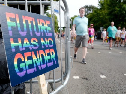 BRIGHTON, ENGLAND - AUGUST 03: A discarded placard which reads 'future has no gender' at t