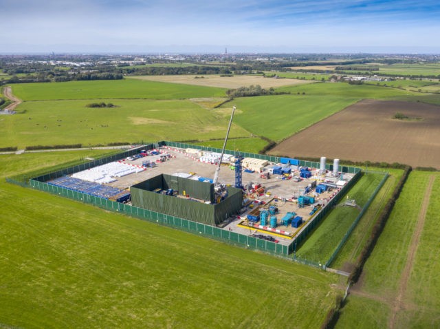 PRESTON, ENGLAND - SEPTEMBER 16: An aerial view of the Cuadrilla shale gas extraction (fracking) site at Preston New Road, near Blackpool on September 16, 2019 in Preston, England. Operations at the shale gas extraction site were recently paused by Cuadrilla as a precaution after an earth tremor was detected …