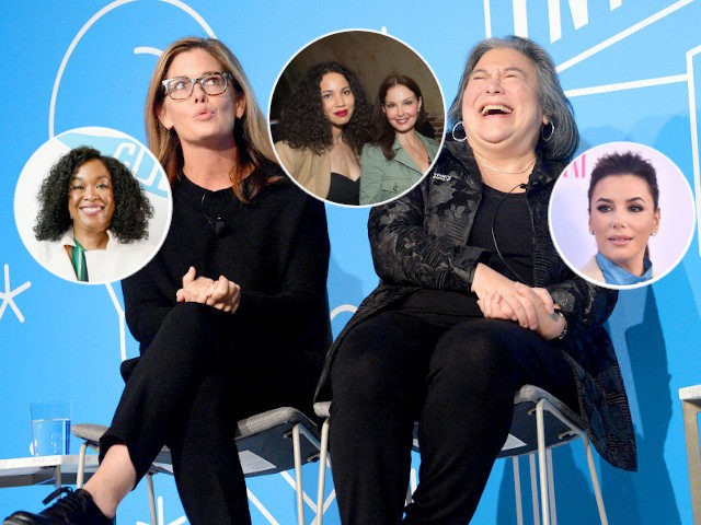 (INSETS: Shonda Rhimes, Jurnee Smollett, Ashley Judd, Eva Longoria) NEW YORK, NEW YORK - NOVEMBER 06: Kate McGrath and Tina Tchen speaks on stage at the "All In: Representation, Inclusiveness and Creativity in Hollywood and Beyond" panel at the Fast Company Innovation Festival - Day 2 on November 06, 2019 …