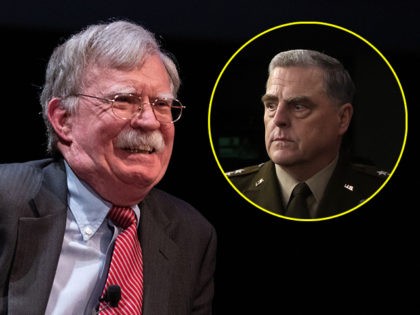 (INSET: General Mark Milley) Former National Security adviser John Bolton speaks on stage during a public discussion at Duke University in Durham, North Carolina on February 17, 2020. - Bolton was invited to the school to discuss national security weeks after he was thought of as a key witness in …