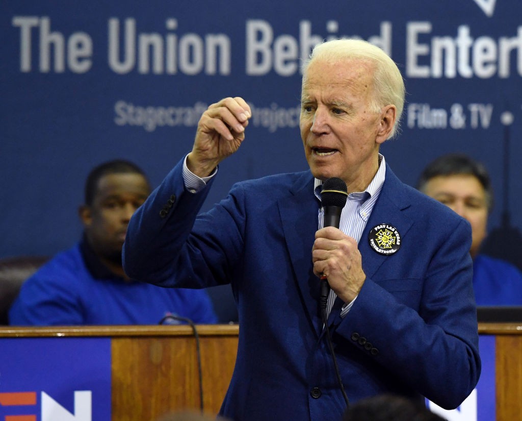 LAS VEGAS, NEVADA - FEBRUARY 21: Democratic presidential candidate former Vice President Joe Biden speaks before a training session for precinct captains at the International Alliance of Theatrical Stage Employees on February 21, 2020 in Las Vegas, Nevada. Biden is campaigning one day before the Nevada Democratic presidential caucuses. (Photo by Ethan Miller/Getty Images)