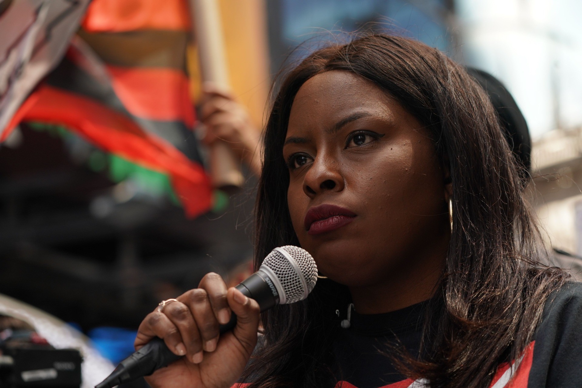 "Black Lives Matter" New York co-founder Chivona Newsome leads protesters as they demonstrate in Times Square over the death of George Floyd by a Minneapolis police officer on June 7, 2020 in New York. - On May 25, 2020, Floyd, a 46-year-old black man suspected of passing a counterfeit $20 bill, died in Minneapolis after Derek Chauvin, a white police officer, pressed his knee to Floyd's neck for almost nine minutes. (Photo by Bryan R. Smith / AFP) (Photo by BRYAN R. SMITH/AFP via Getty Images)