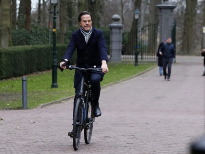 Dutch Prime Minister Mark Rutte rides a bike as he arrives at the Huis ten Bosch Palace on January 15, 2021 in The Hague to visit Netherlands' King and present his government's resignation over a child benefits scandal, threatening political instability as the country battles the coronavirus pandemic. - Thousands …