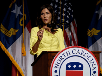South Dakota Gov. Kristi Noem speaks to attendees at the North Carolina GOP convention on June 5, 2021 in Greenville, North Carolina. Former U.S. President Donald Trump is scheduled to speak at the NCGOP state convention in one of his first high-profile public appearances since leaving the White House in …