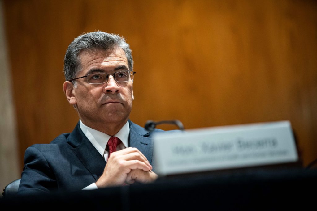 US Secretary of Health and Human Services (HHS) Xavier Becerra testifies before a Senate Appropriations Subcommittee hearing titled "The President's Fiscal Year 2022 Budget Request for the US Department of HHS," in Washington, DC, on June 9, 2021. (Photo by Al Drago / POOL / AFP) (Photo by AL DRAGO/POOL/AFP via Getty Images)